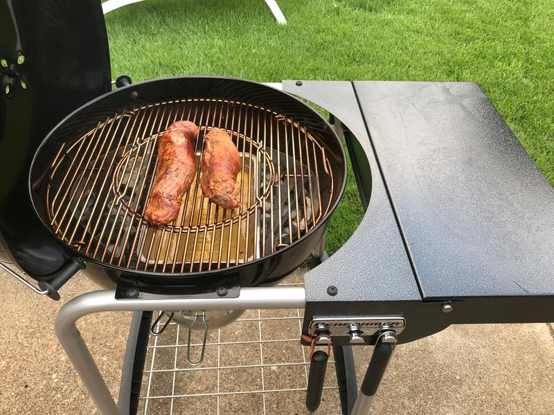 Pork tenderloin on the Weber Performer. Indirect with a little smoke from some Bourbon Barrel Staves.
