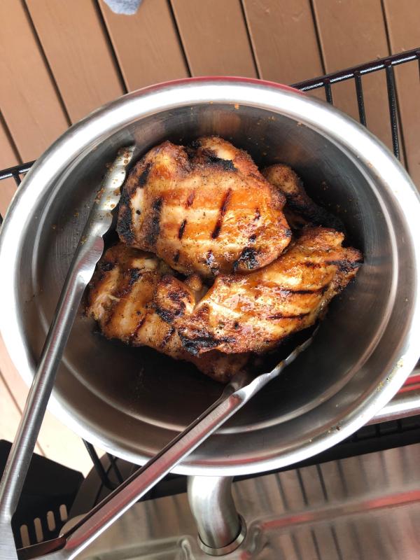 Smoked skinless chicken thighs with finished sear
