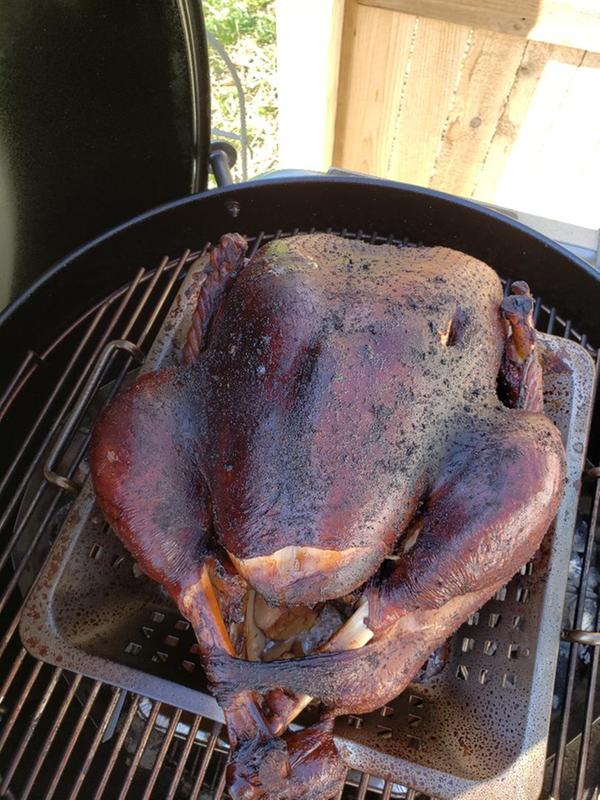 Cooked indirect with hickory and apple wood chips, stuffed with orange, apple, onion and celery