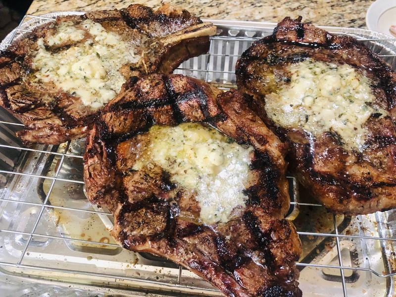 Korean ribs and ribeyes with a blue cheese butter