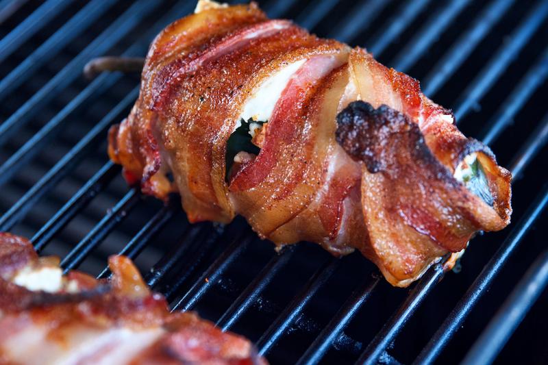 Bacon wrapped Poblano pepper stuffed with garlic chicken and Gouda