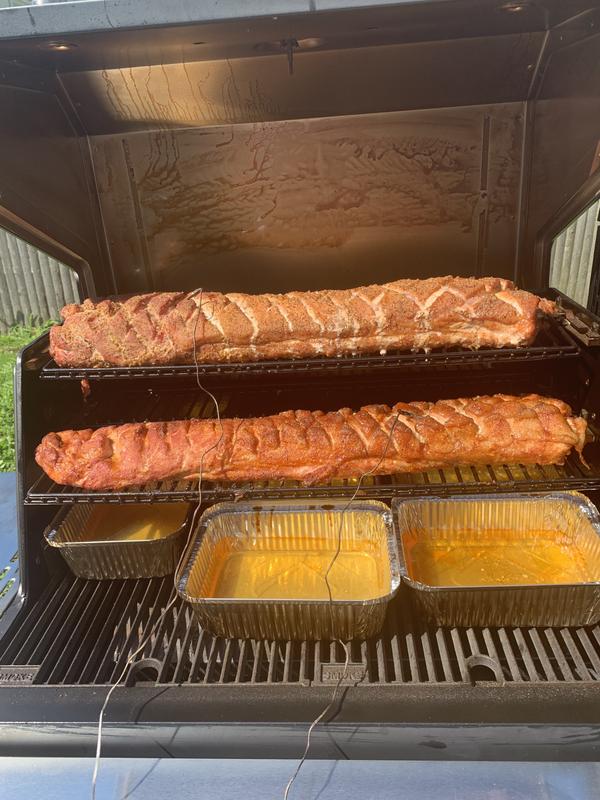 Two pork loins on the first cook. Not quite done here.