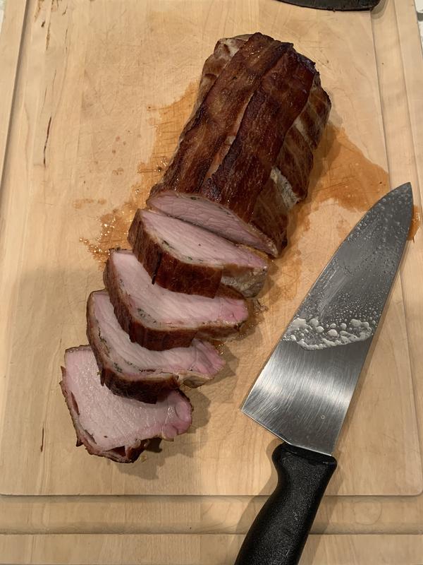 First attempt with perfect results - pork loin layered with bacon