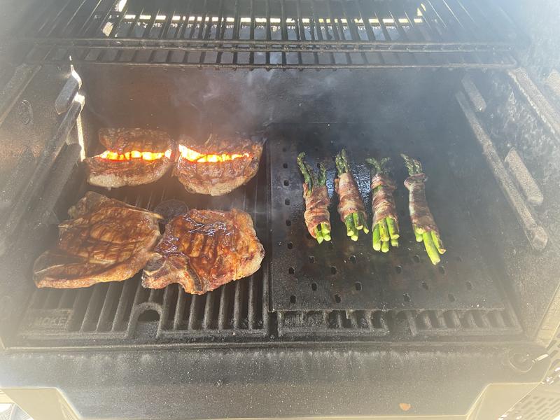 Bone in pork chops and bacon wrapped asparagus.