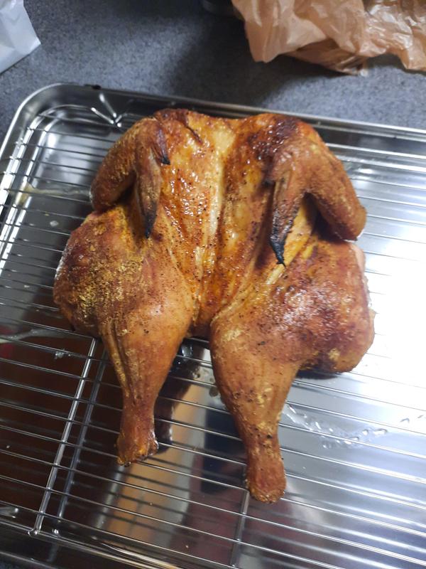 Spatchcocked bird with crispy skin!
