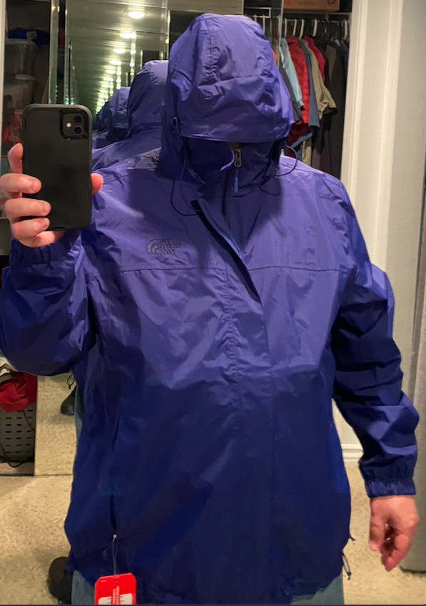 This is me looking forward with the hood covering my face. There is no option to shorten length and the rest of the jacket fits fine.