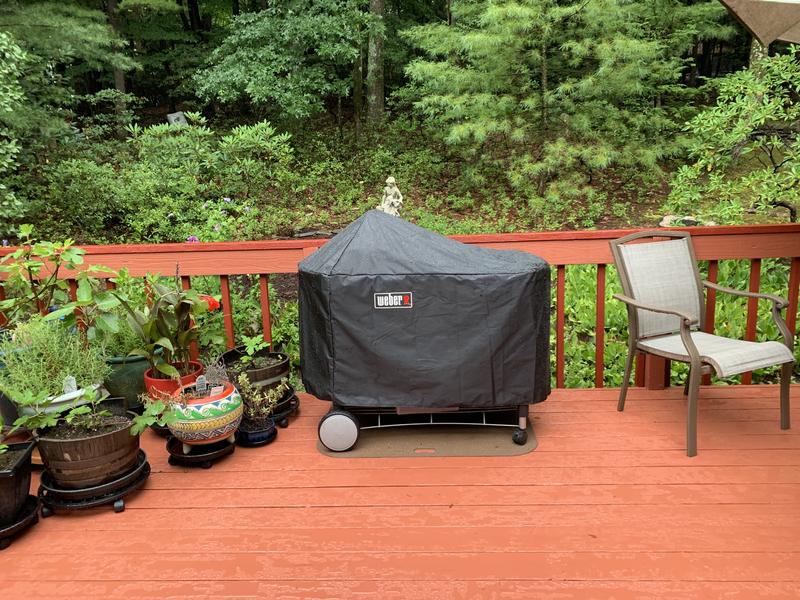 Not intrusive on the deck. Wheels make it easy to maneuver.