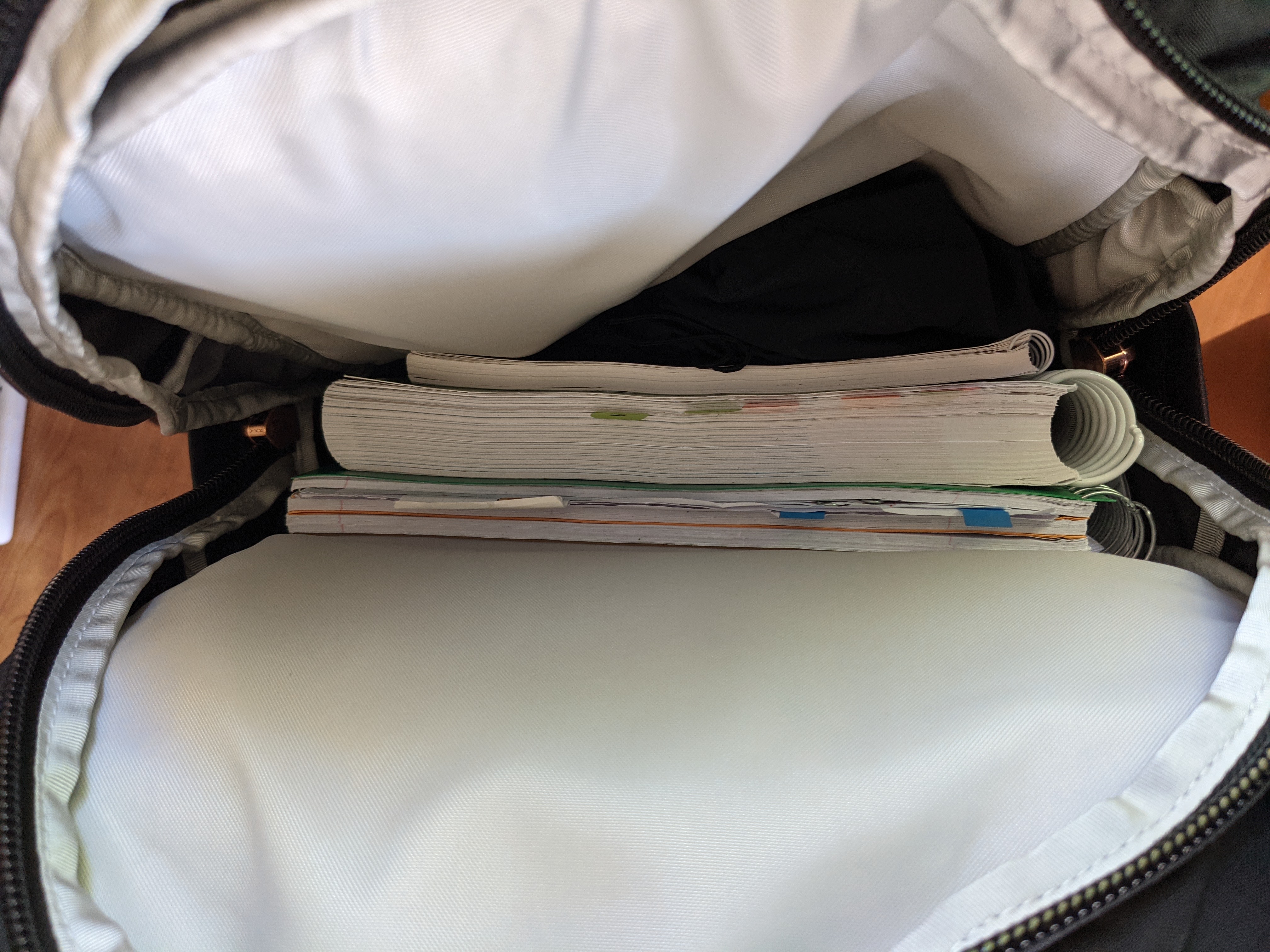 main compartment: 1 textbook, 2 notebooks (3-subject, 1-subject), 1 lightweight windbreaker jacket (size: large)