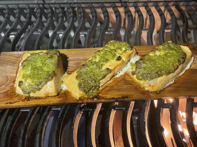 Cedar plank pesto salmon