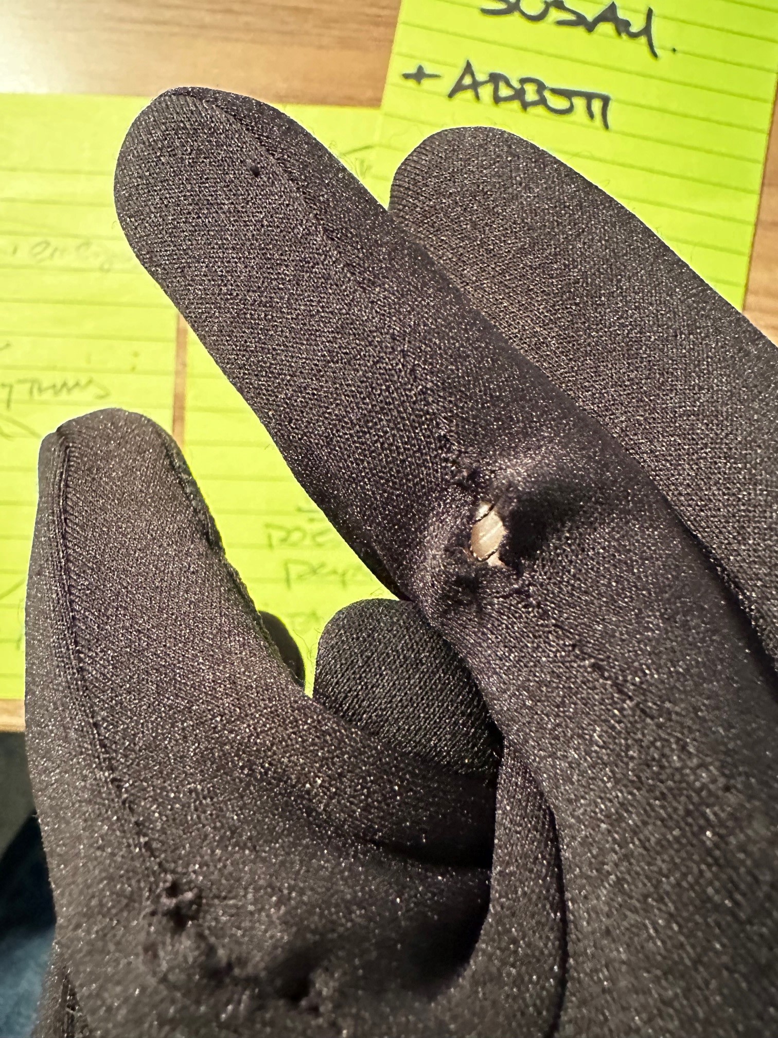 1 of 2 holes in these gloves purchased 1 month ago.