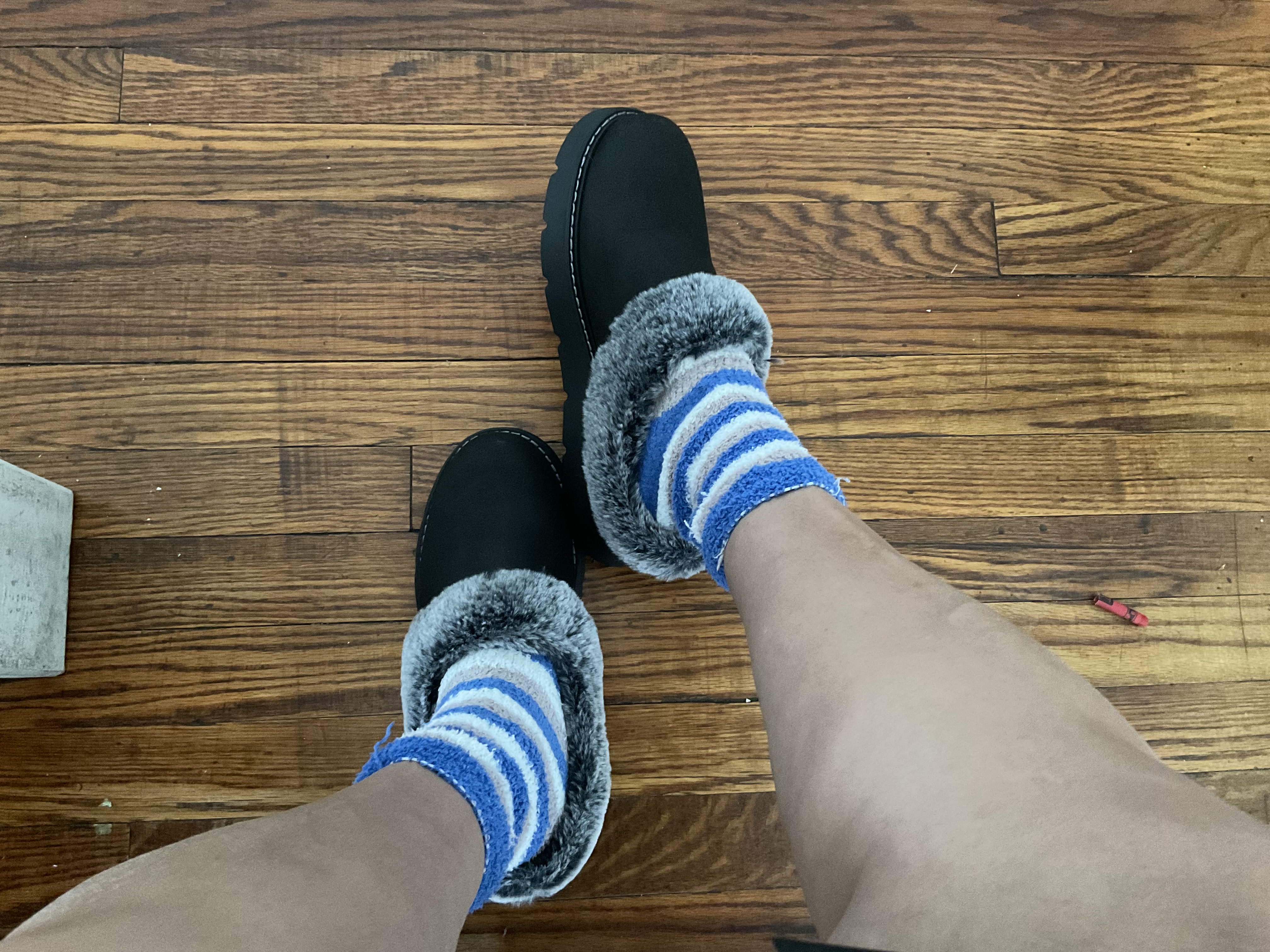 With the booties how I usually wear them for stability for myself. Not saying everyone should do this. I do it with every house shoe. But they're extremely comfortable and I give them a thumbs up!!!