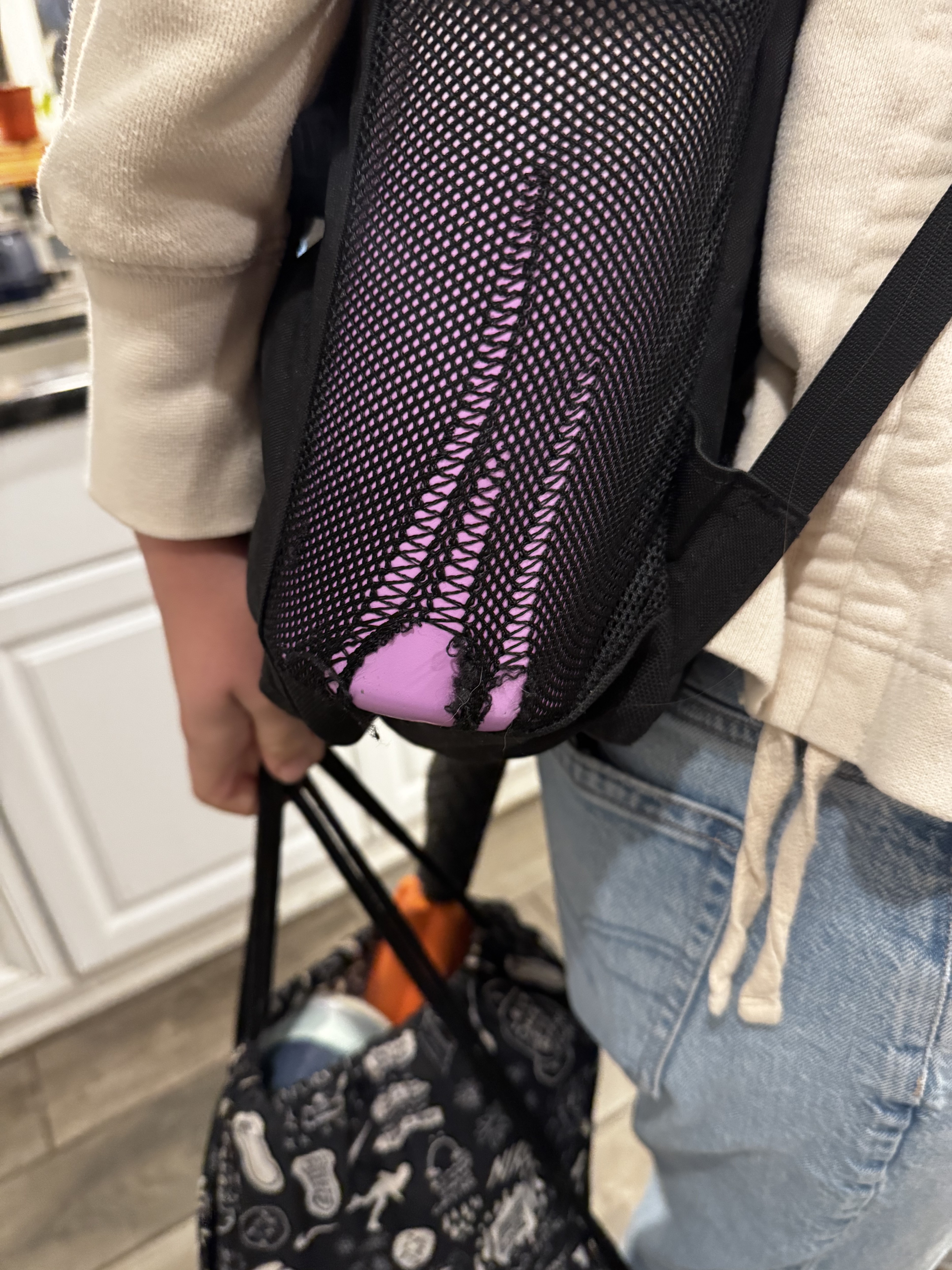 Water bottle is approximately the same size as an Owalla Free sip. Backpack travels in our car and on her back at school.