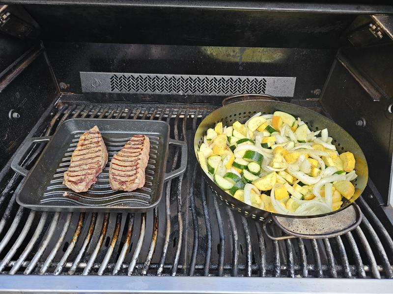 Picanha Steak with Zuchinni, Squash and Onion. Zuchinni and Squash are from the garden