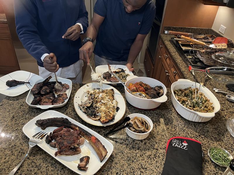 Lamb, steak, fish, onions, tomatoes, squash all cooked up well by zoning