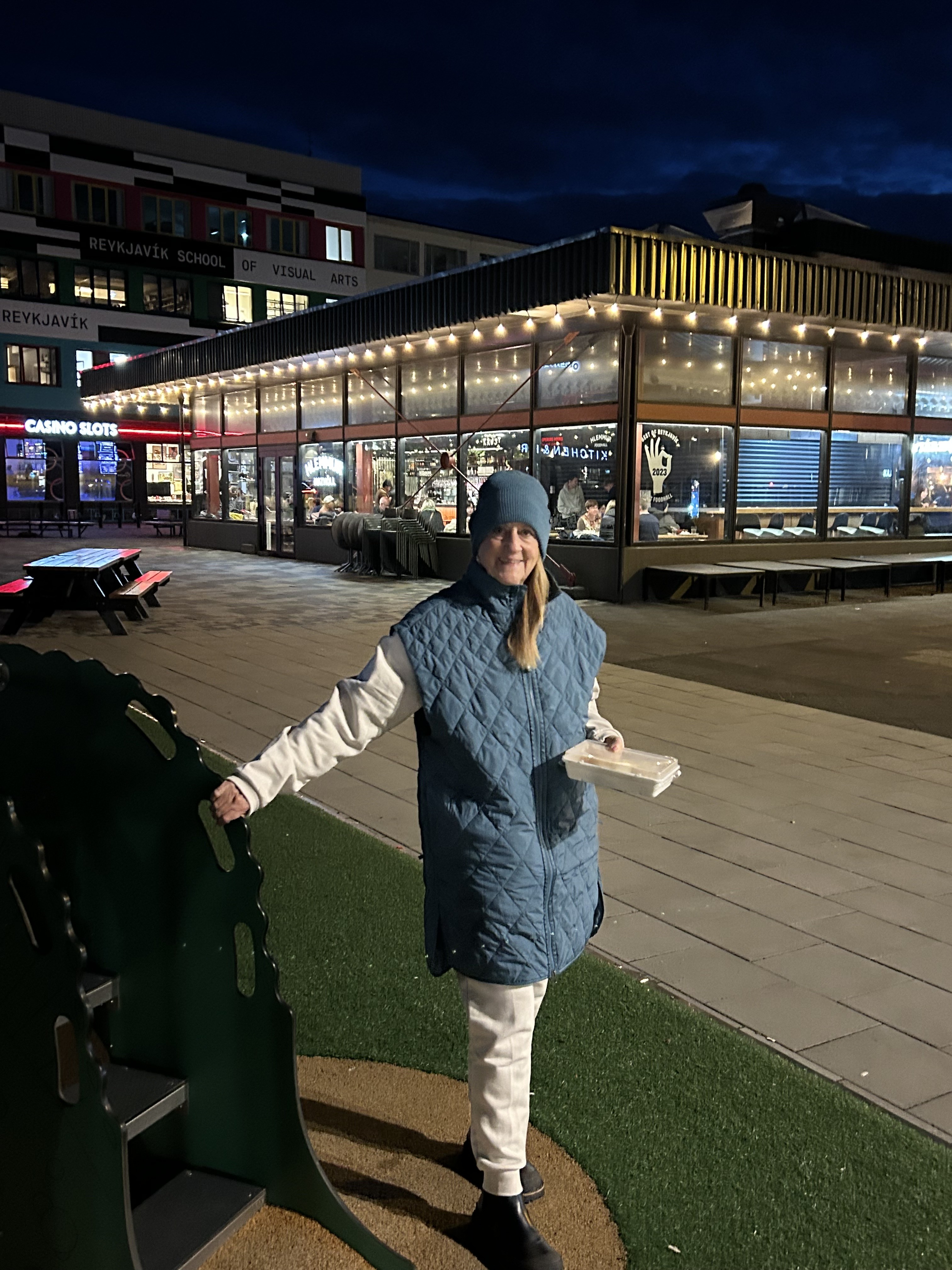 In Reykjavik Iceland, wore my vest with my matching Northface hat.