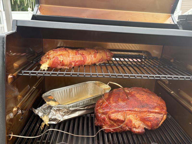 Bacon wrapped sausage fatty and pork butt