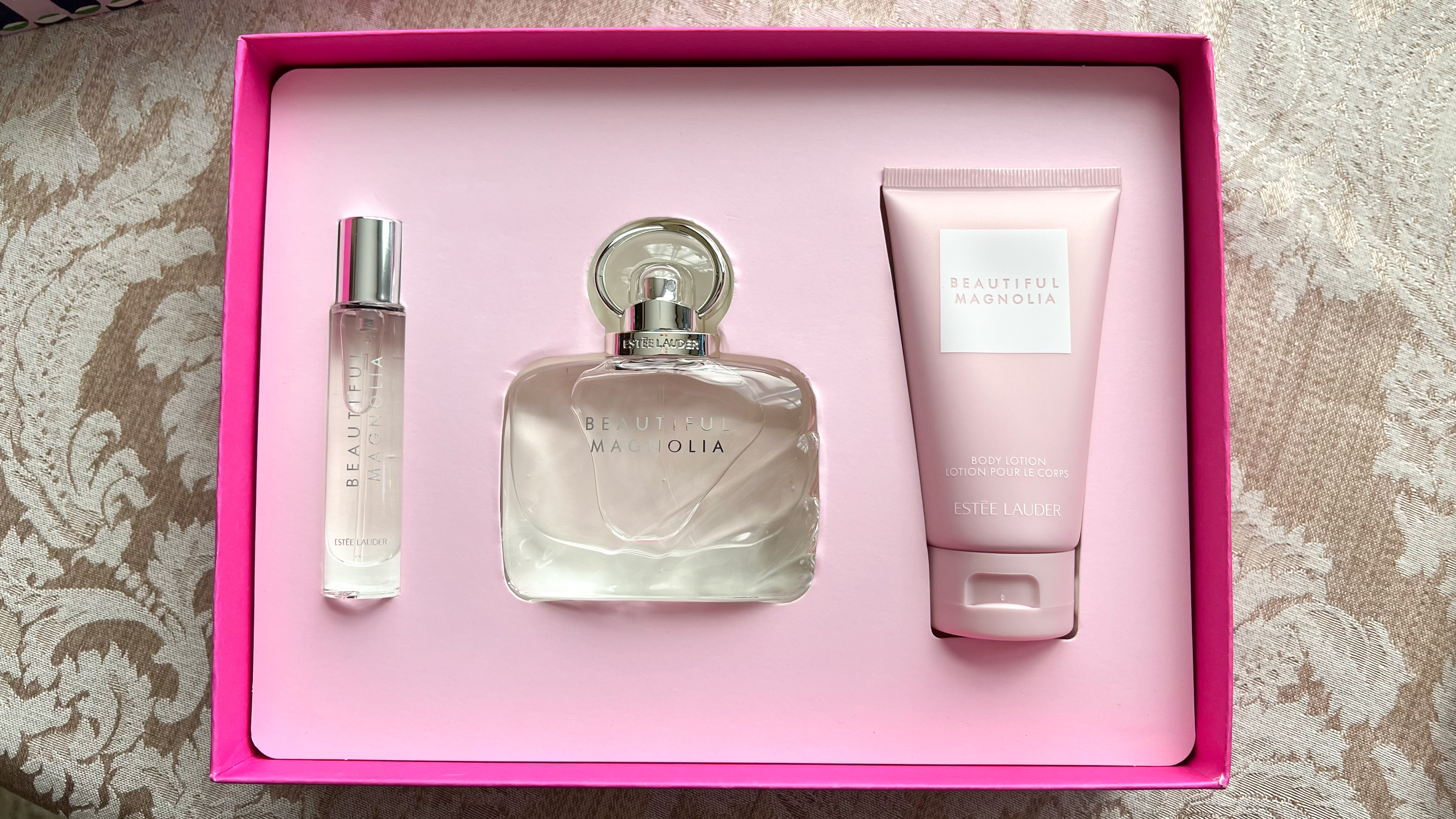 Comes with a lotion, full and travel size perfume.