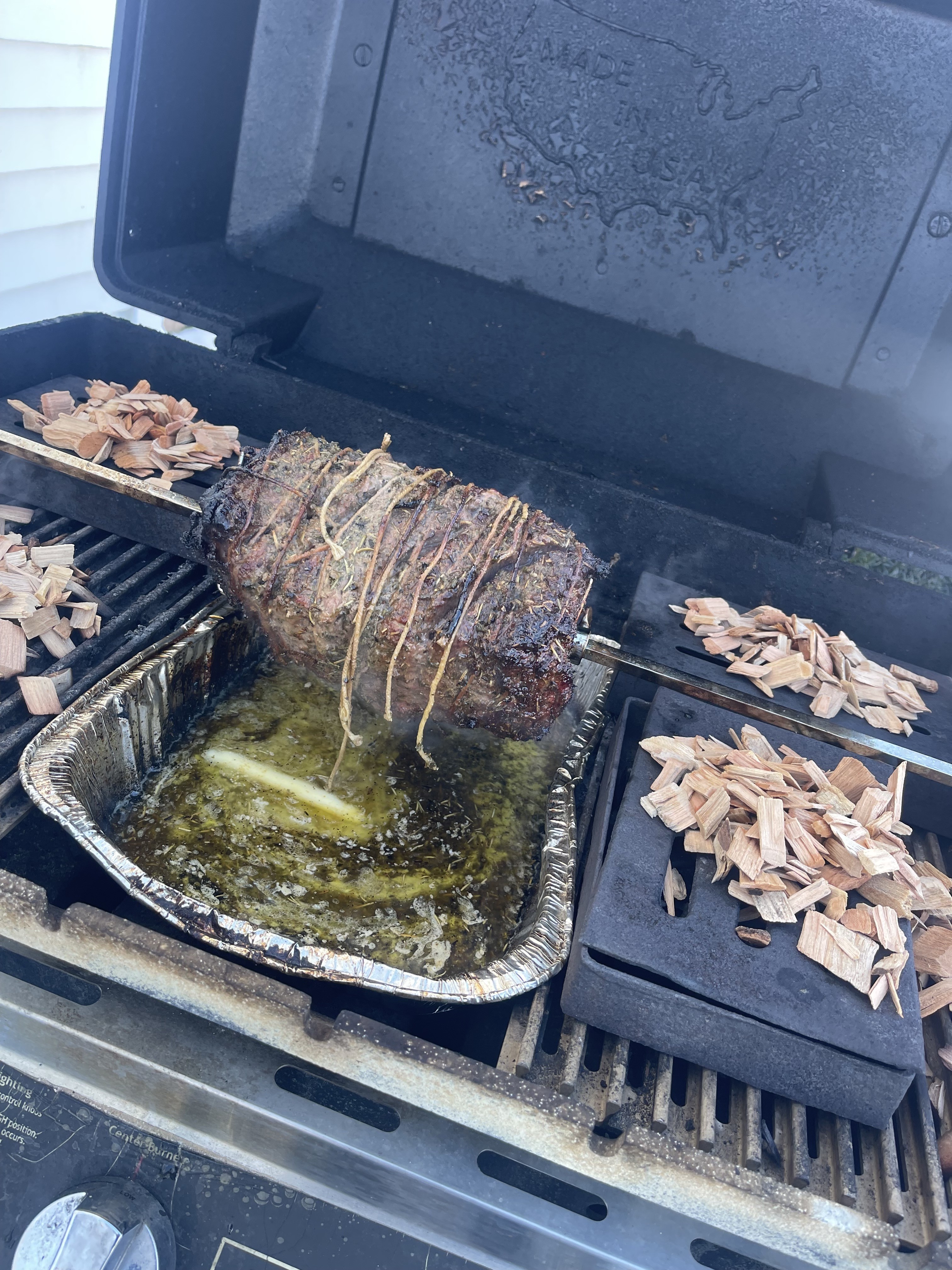 first rib eye roast / the prongs stayed in place and the motor easily turned the 4lb roast perfectly for over 3 hours
