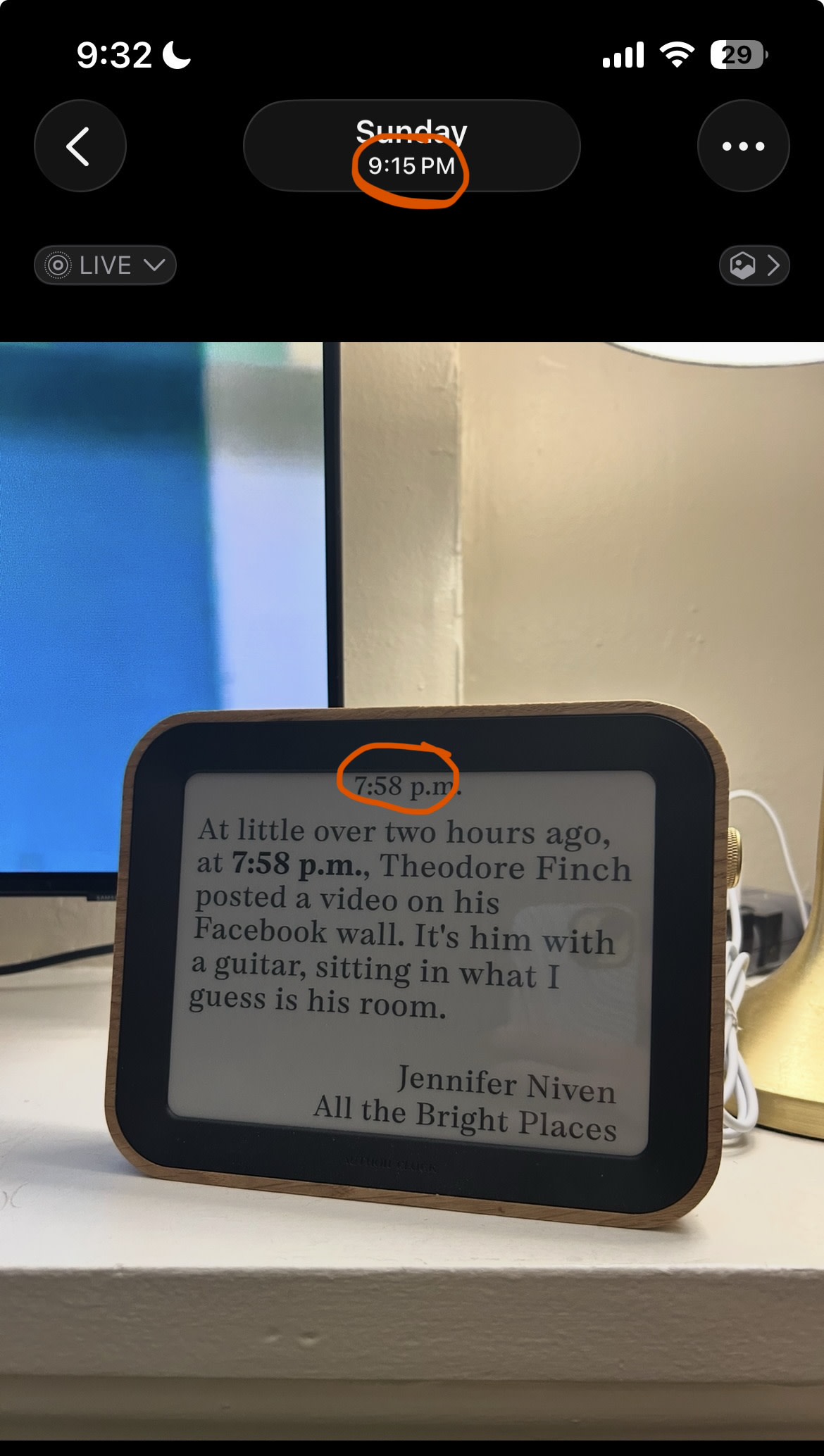 Photo taken on Sunday at 9:15 pm, clock shows 7:58