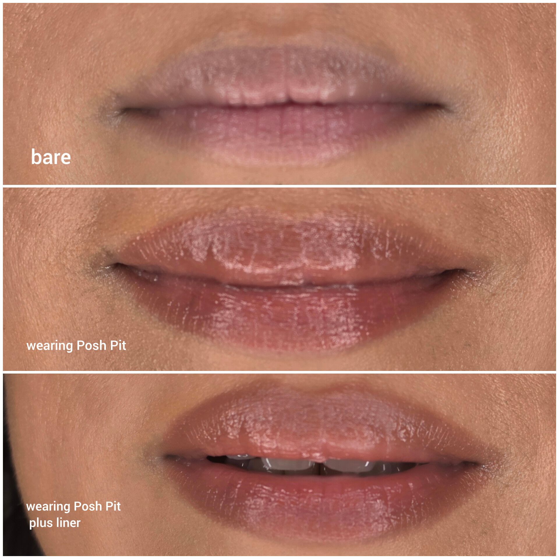 Without, with Lustreglass and with Lustreglass and liner