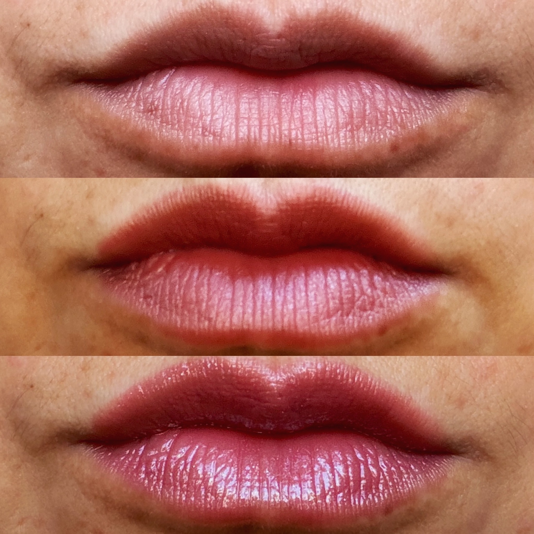 1/Naked, 2/layer of lipstick, 3/topped with gloss