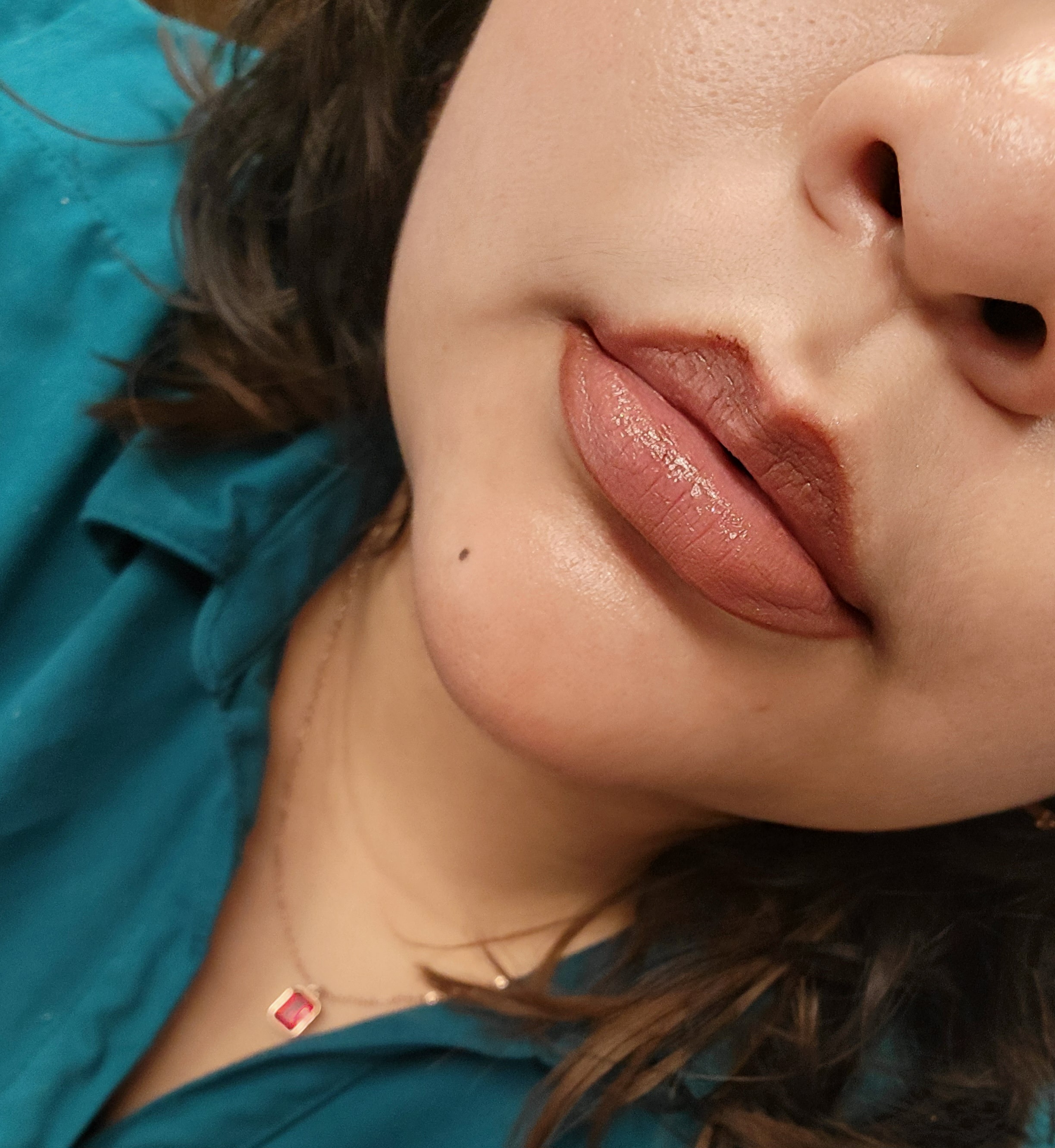 On the lips (with lined lips)