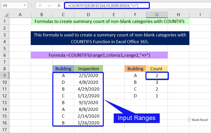 Formulas to create summary count of non-blank categories