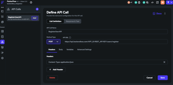 Define Register User API call to Backendless in FlutterFlow