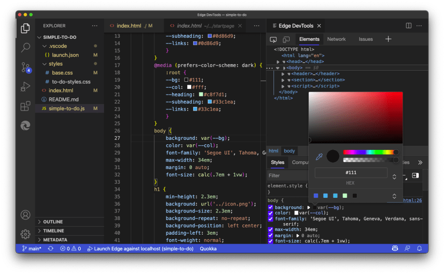 Edge DevTools open in Visual Studio Code