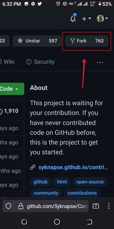 zoomed view of the repository in desktop view showing the fork button