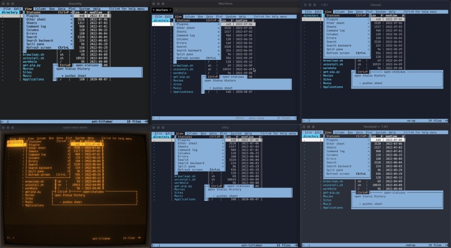 Clockwise from top left: Alacritty, WezTerm, iTerm2, Terminal, kitty, cool-retro-term