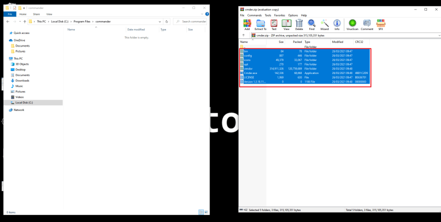 highlight files and folder in the cmder winrar folder