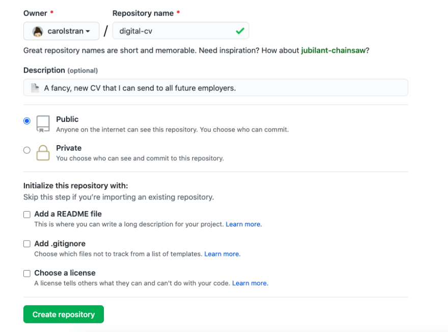The new repository's settings. Most important is that it's public and not initialized with anything.