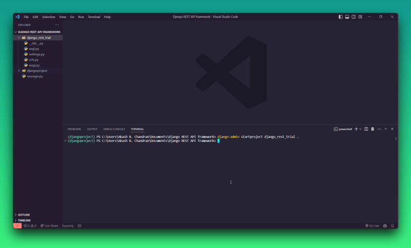 Vs code showing the files after running the Django start project command