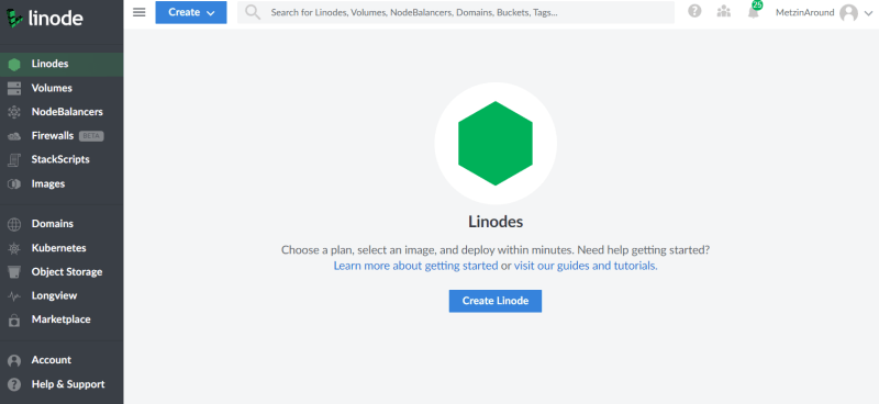 Linode home screen