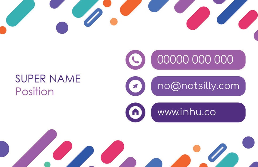 White background with the same colourful circles, rounded rectangles and outlined shapes. The shapes are located at the top and bottom of the card to allow space in the middle for text. There is placeholder text for person name and position to the left and to the right there are 3 rounded rectangles stacked vertically, each with an icon to the left of them to represent their contents. The 3 rounded rectangles contain placeholder text for a phone number, email address and the web address