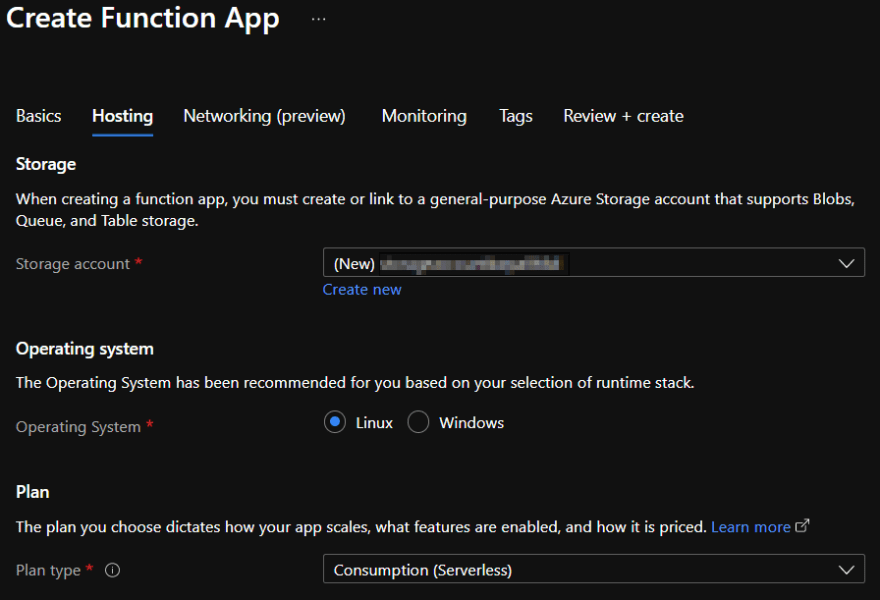 Azure Functions hosting setting