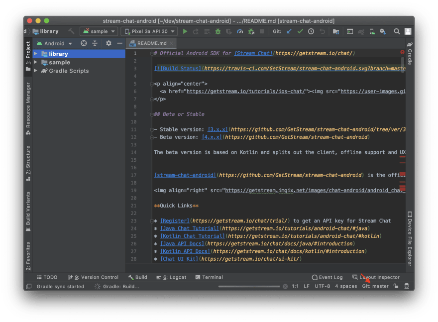 Image shows Android Studio opened with an arrow pointing to the label where it says Git: default branch