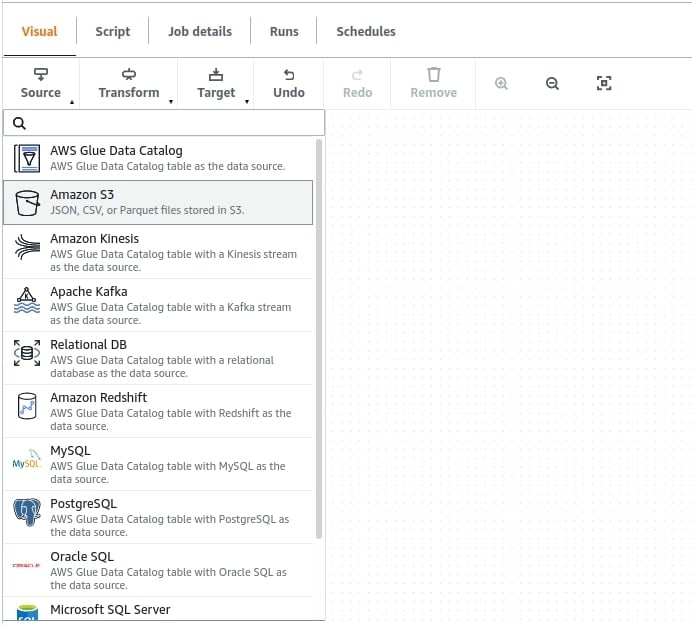 AWS Glue Studio - source types - Amazon S3 node