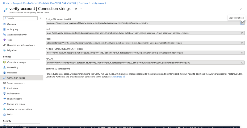 Azure PostgreSQL Database connection strings