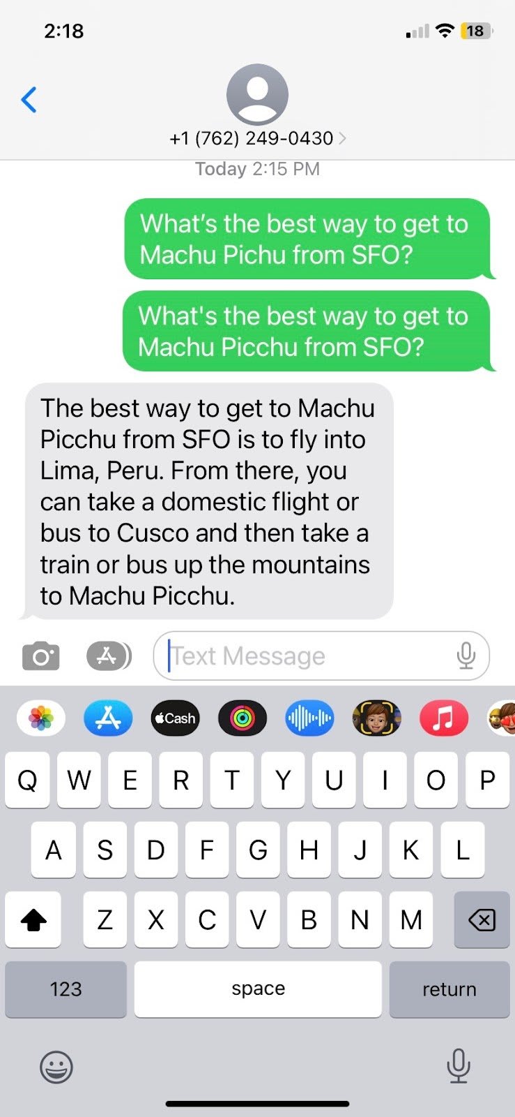sms example of chatgpt over sms answering how to get to machu picchu from sfo