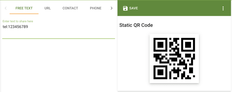 QR generator input box with a value of 'tel:123456789' and the generated QR Code
