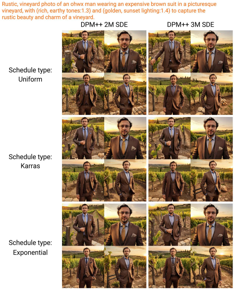 Sampling method DPM++ 2M SDE vs DPM++ 3M SDE with Schedule type Uniform vs Karras vs Exponential