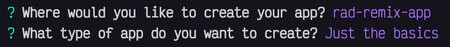 Where would you like to create your app? rad-remix-app What type of app do you want to create? Just the basics.