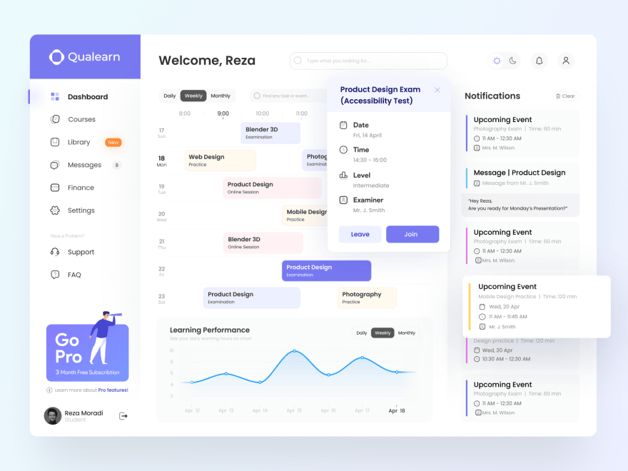 by [Reza Moradi](https://dribbble.com/shots/18088448-Online-learning-LMS-Dashboard)