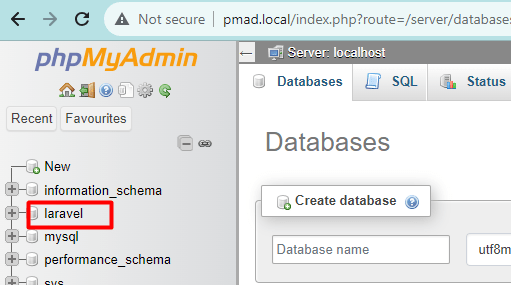 Create a database table name as laravel in PHPMyAdmin console