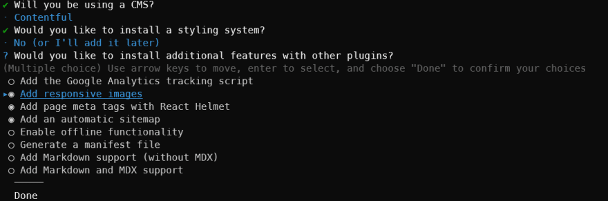 Command line screenshot, setting up Gatsby