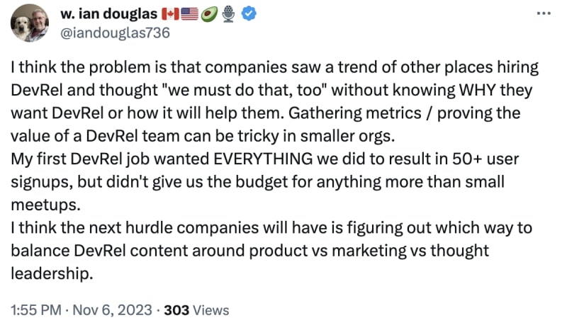 Ian Douglas when companies do not understand devrel tweet