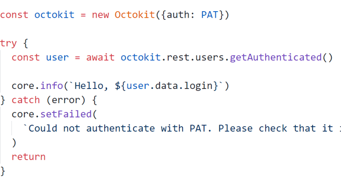 Code showing new Octokit with a PAT to make an authenticated call to the rest API