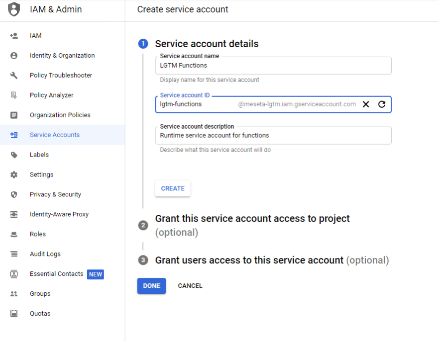 Create service account